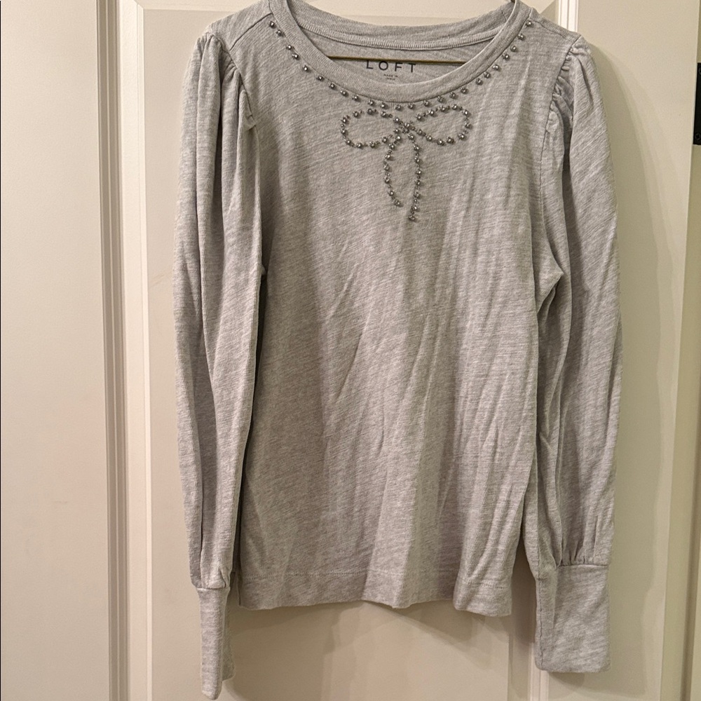 LOFT Light Gray Beaded Long Sleeve Top